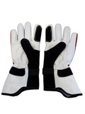 Pair of white and black gloves on a light gray background