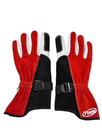 Pair of red and black gloves with a logo on a light gray background