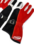Red and black racing gloves with a visible brand logo on a light background